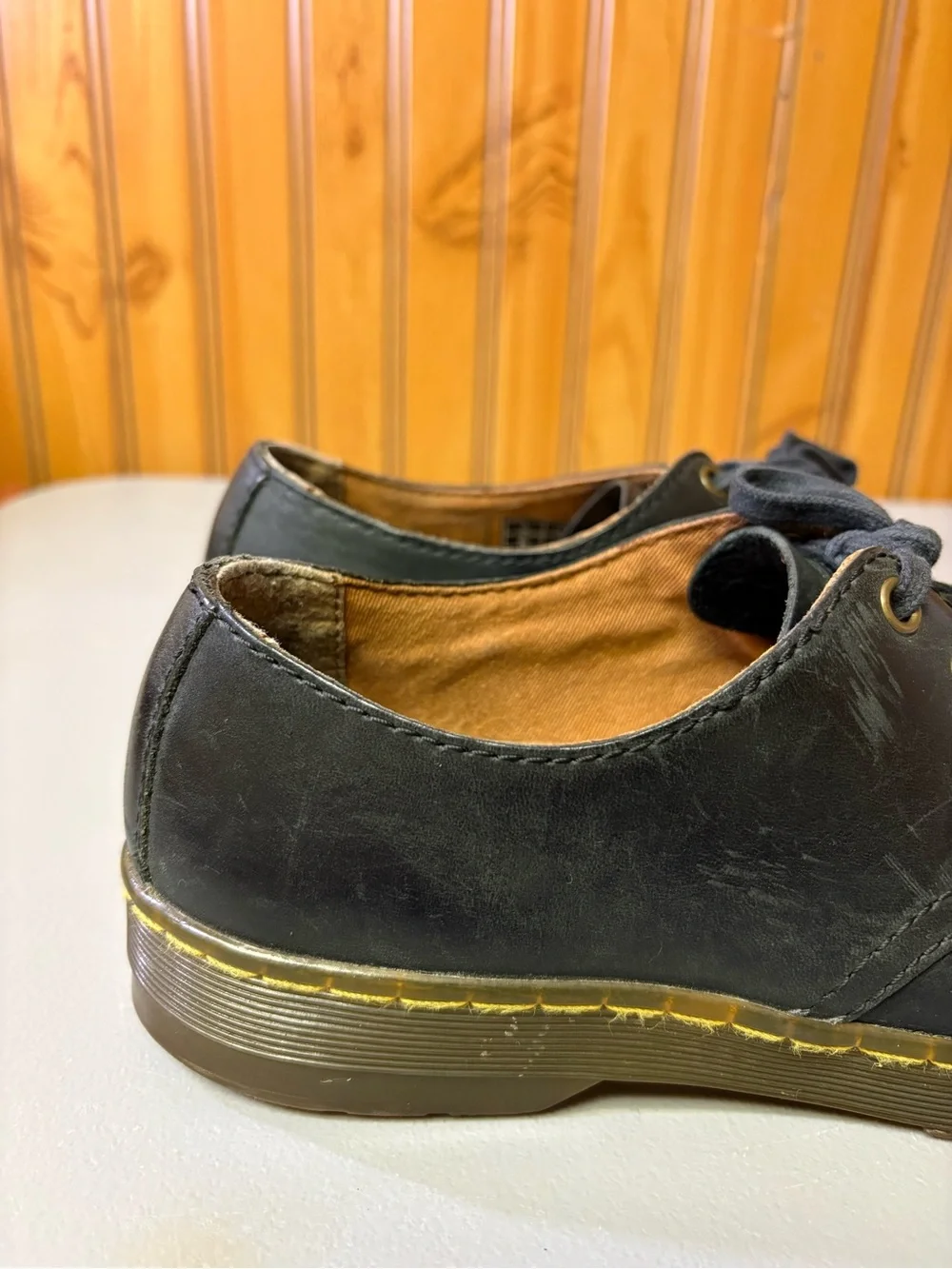 Dr. Martens Black Leather Derby Shoes with Yellow Stitching